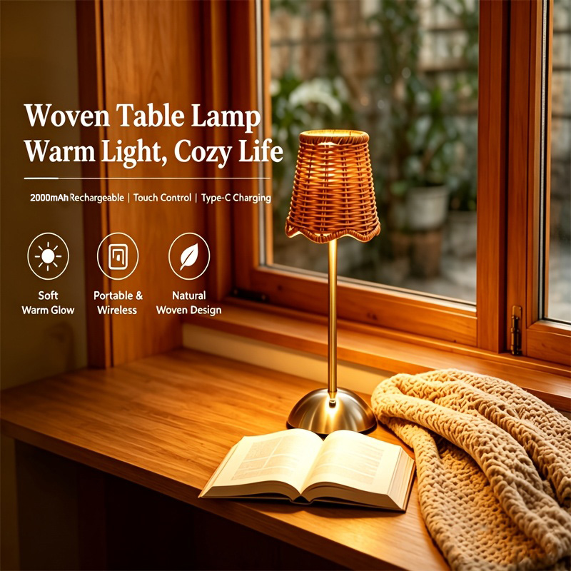 Home Decor Lighting - ボヘミアンスタイルの編み込みラタンアートテーブルランプ、3段階調光、タッチコントロール、USB、金属製、寝室、リビングルーム、書斎、ダイニングルーム照明、家族や友人へのギフト