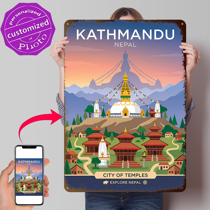 Home Decor Kathmandu - カトマンズ寺院都市パーソナライズされた3Dテクスチャメタルポスターウォールアートヴィンテージブリキ看板家の装飾アクセサリー用ワンドデコ
