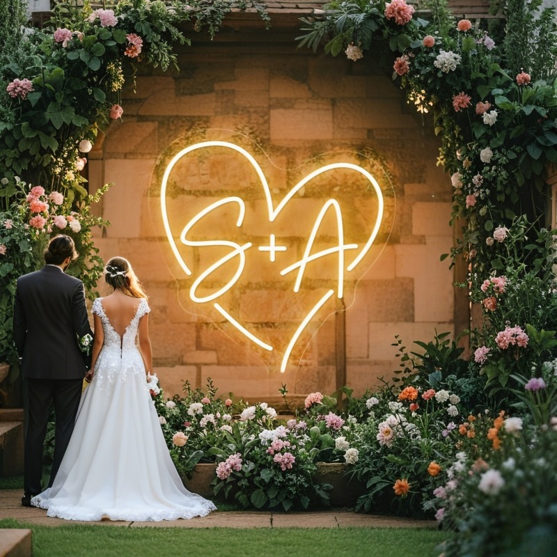 Home Decor Product - カスタムイニシャルハートLEDネオンサイン、結婚式パーティーの背景、家の壁の装飾、カップルへのギフト用のパーソナライズされたネームネオンライト