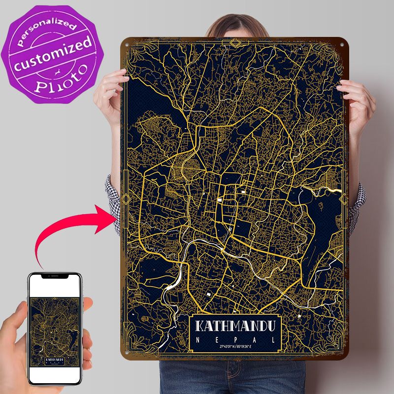 Home Decor Kathmandu - カトマンズ市内地図ゴールド3Dテクスチャプリントポスターカスタムヴィンテージメタルティンプレートサイン壁飾り家の装飾リビングルーム用