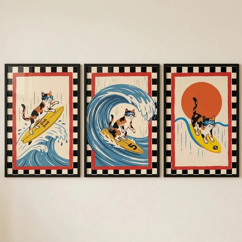 Home Decor Japanese - 3 個レトロ日本波猫サーフィンウォールアートプリントキャンバス絵画ポスター画像リビングルーム、寝室の家の装飾用