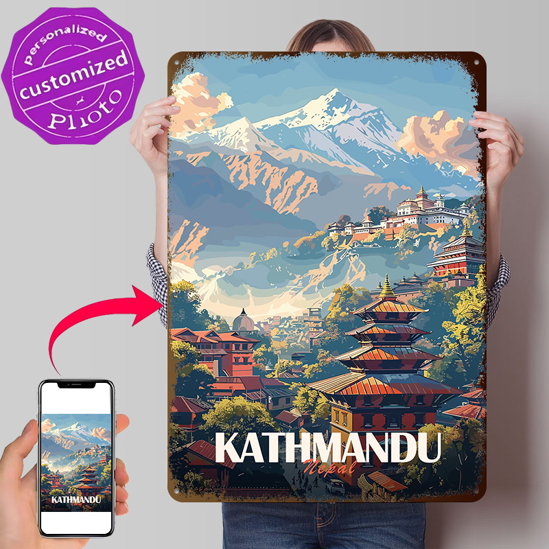 Home Decor Kathmandu - カトマンズ ネパール都市景観ポスター レトロ 3D プリント金属看板 カスタマイズされた壁掛けギフト