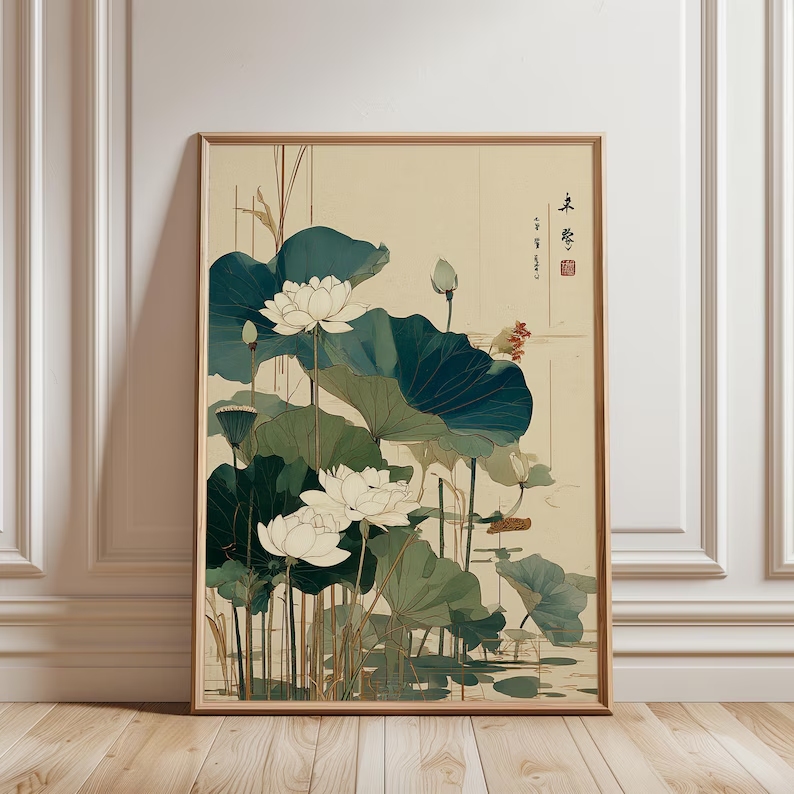 Home Decor Japanese - レトロな日本の蓮の花の壁アートプリントキャンバス絵画ポスター画像リビングルーム、寝室の家の装飾用