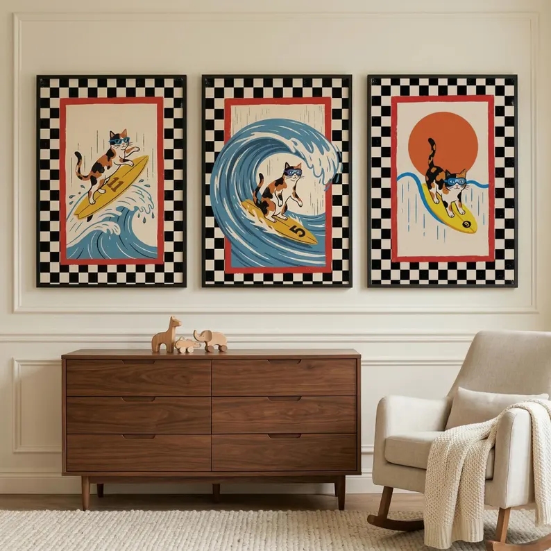 3 個レトロ日本波猫サーフィンウォールアートプリントキャンバ - Home Decor Japanese のレビューと価格