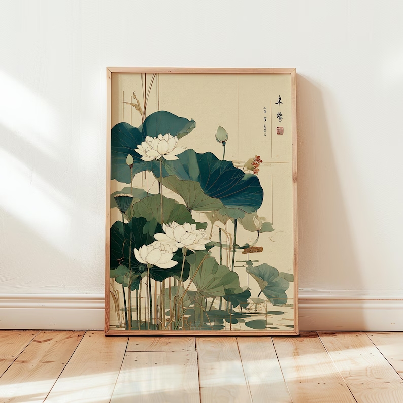 レトロな日本の蓮の花の壁アートプリントキャンバス絵画ポスター - Home Decor Japanese のレビューと価格