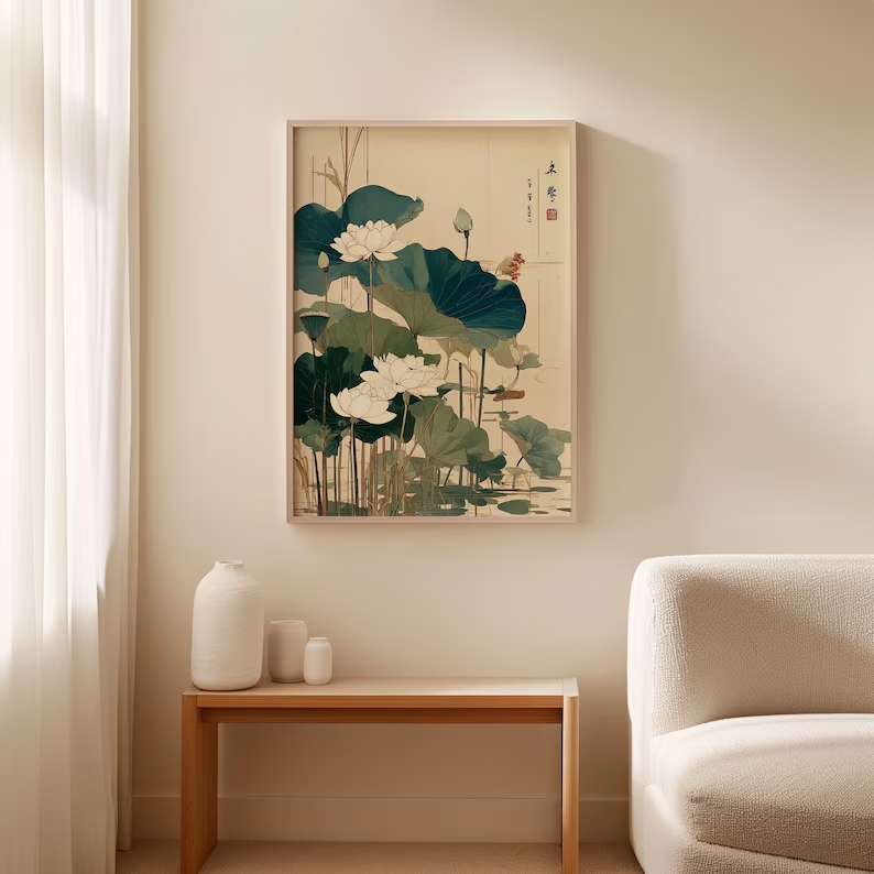 レトロな日本の蓮の花の壁アートプリントキャンバス絵画ポスター - Home Decor Japanese のレビューと価格